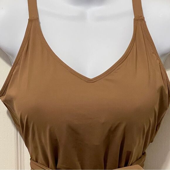 NWT Nicole Miller One Piece Deep VNeck With Sash Swim Suit Tan Size XL - Picture 3 of 11